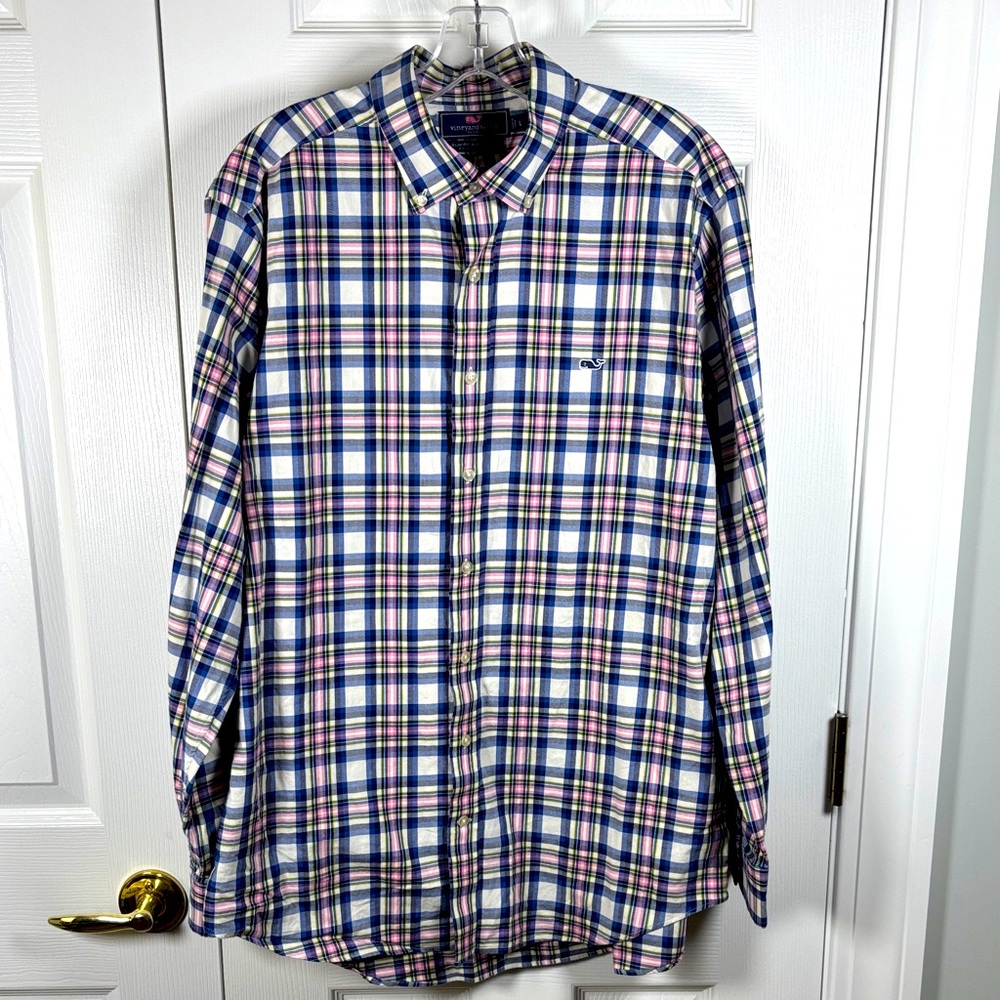 Vineyard Vines Men's Slim Fit Whale Shirt Blue Pink Plaid Long Sleeve Shirt L